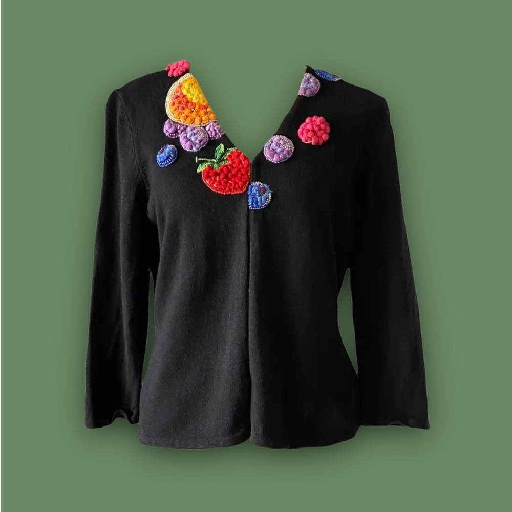 Vintage 80s Cute Emma Tricot Embroidered Beaded Fruit Black Cardigan Sweater